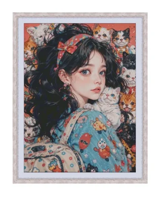 Beauty With Cat 14CT 16CT Printed On Canvas Cross Stitch DIY Set Chinese Pattern Kit Home Needlework Embroidery 160 Colors