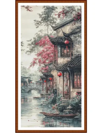 Town 14CT 16CT 18CT Printed On Canvas Cross Stitch DIY Set Kit Home Needlework Embroidery 77 Colors